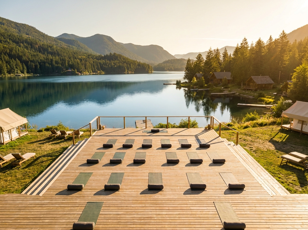 Yoga mats arranged on an outdoor deck for a wellness retreat.