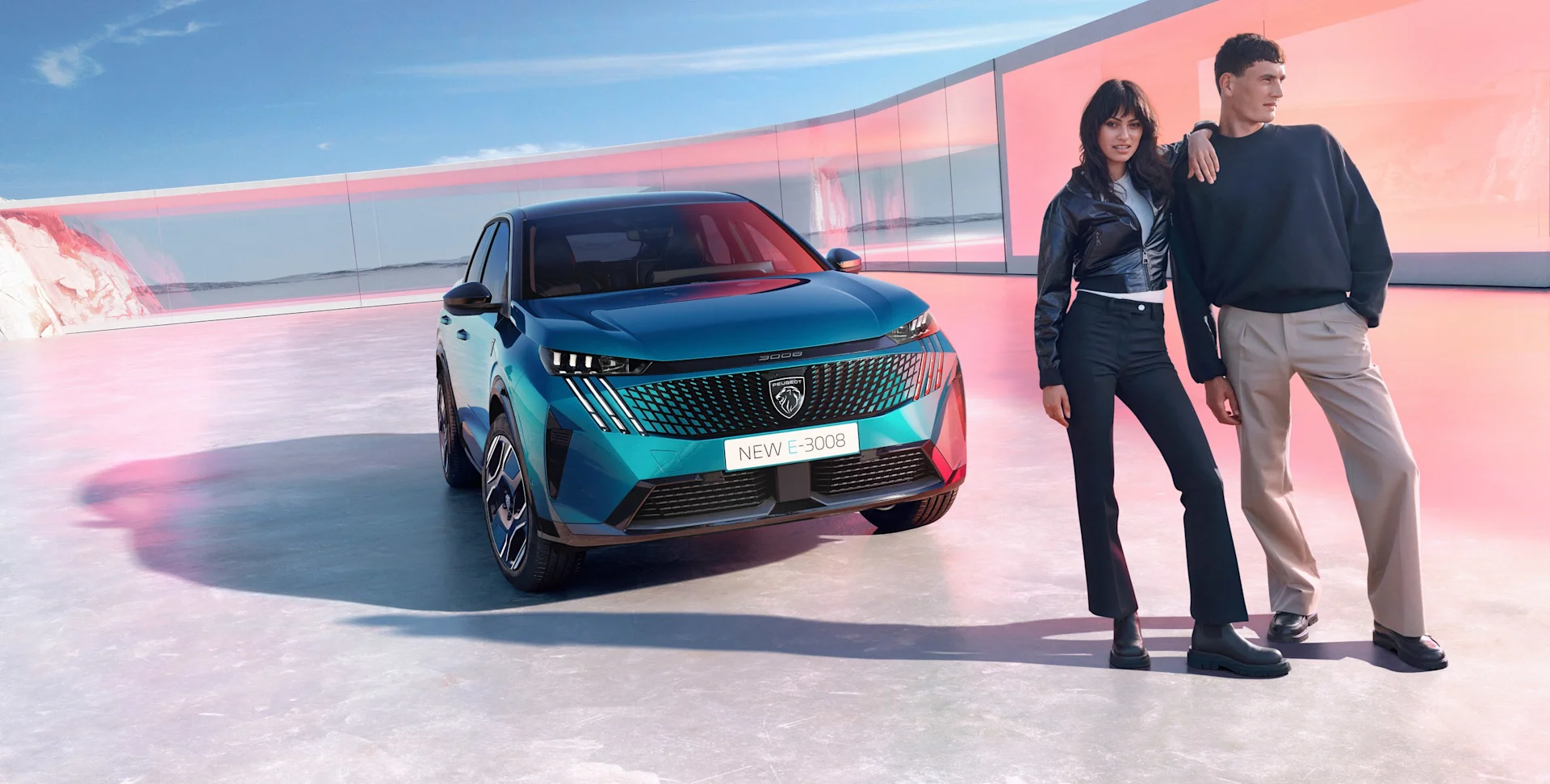 Peugeot brand hero — E-3008 front three-quarter, #UnboringTheFuture campaign. Source: Peugeot brand document in Nybil (Bytbil) Sanity dataset, generalContent "Flexibla finansieringslösningar", original 8777x4444, resized to 2560 wide.