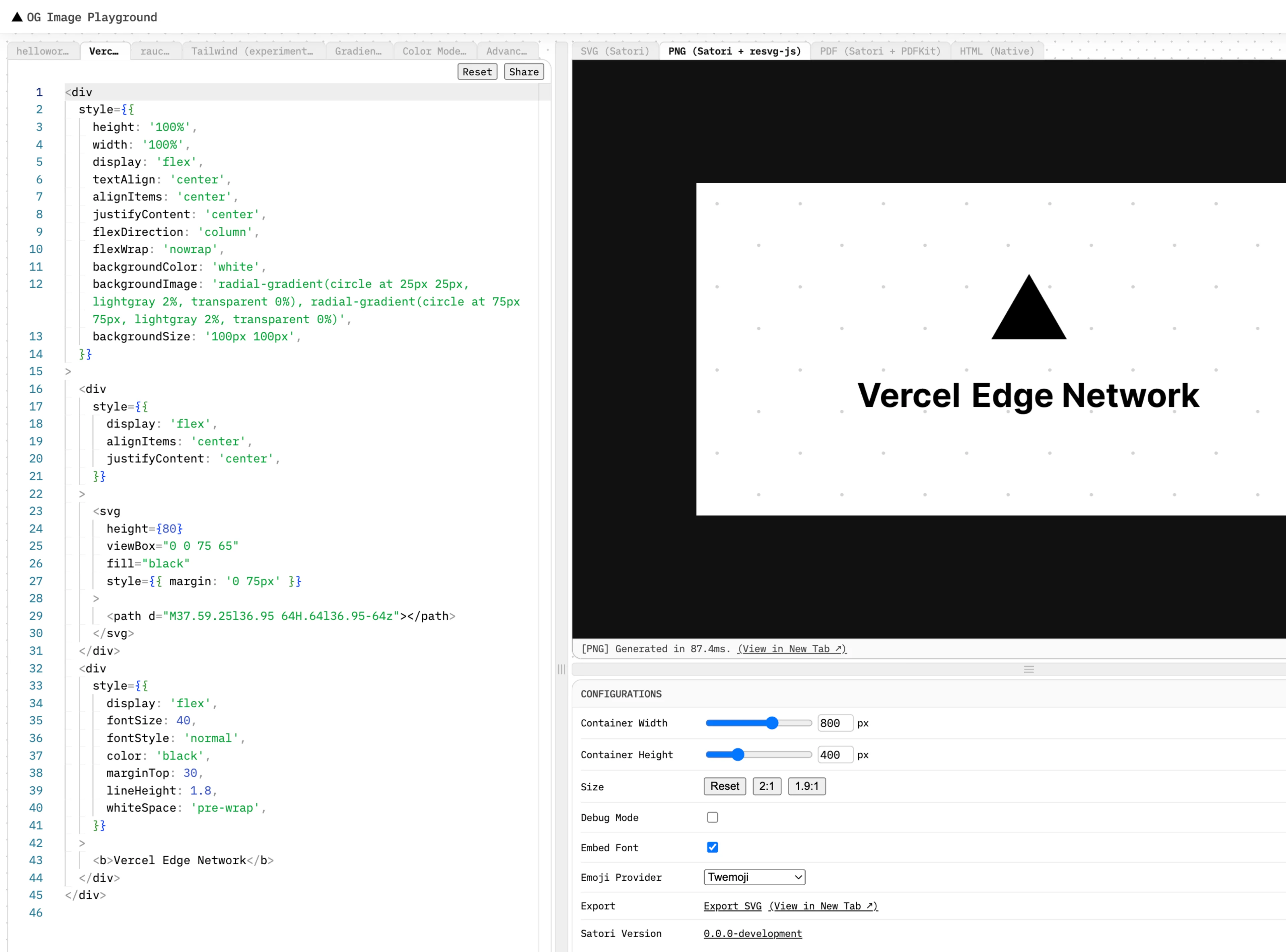 Post Image for Vercel's OG Playground. This is an excellent tool to learn how Satori's rendering engine might differ from HTML. For example, CSS blending modes and filters are not supported.