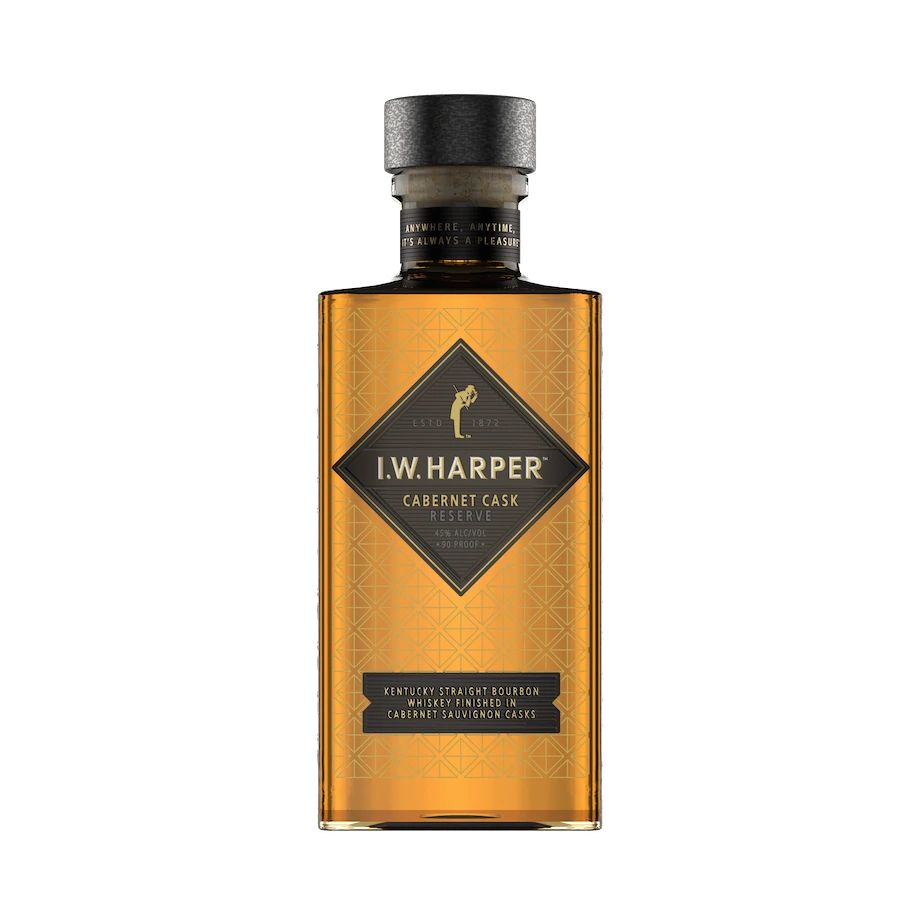 A bottle of I.W. Harper Cabernet Cask Reserve Kentucky Straight Bourbon Whiskey. The bottle has a geometric pattern on the glass and contains amber liquid.