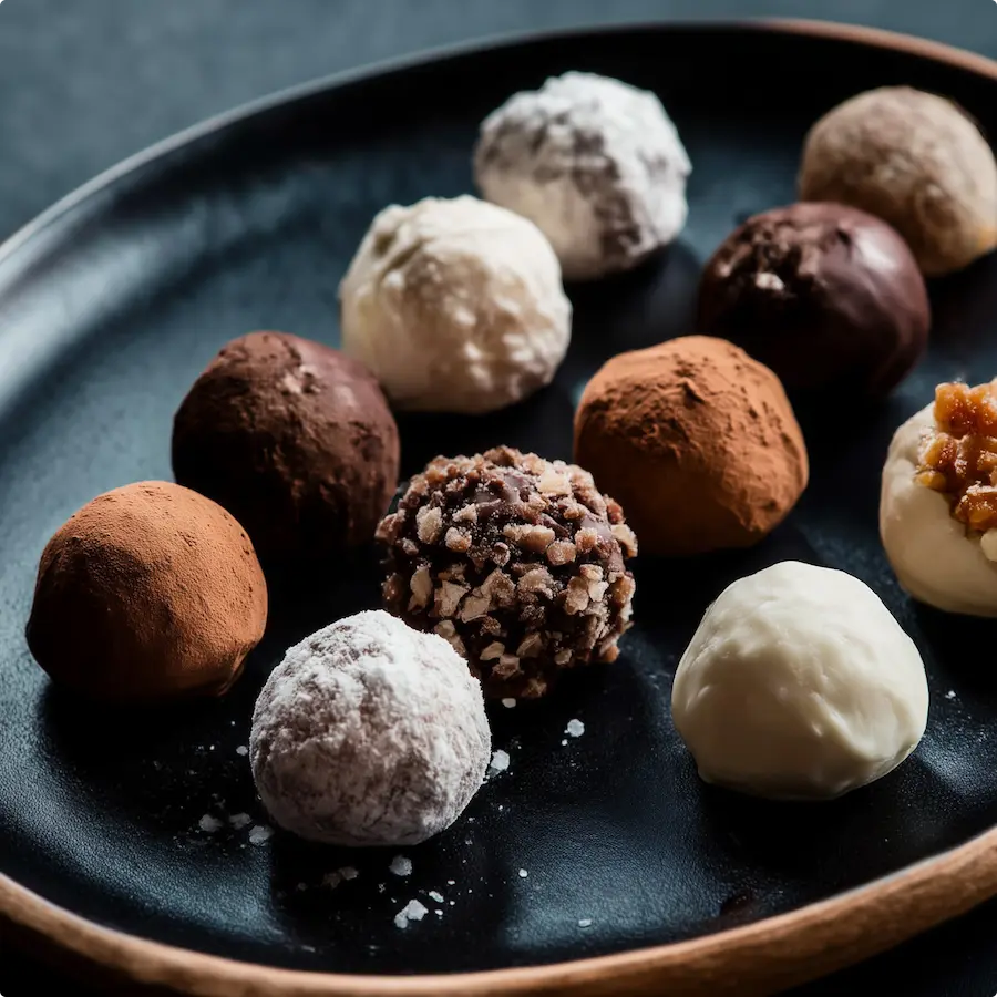 Plate with assorted Kentucky Bourbon Balls: chocolate-coated, powdered sugar, cocoa-dusted, and nut-covered varieties.