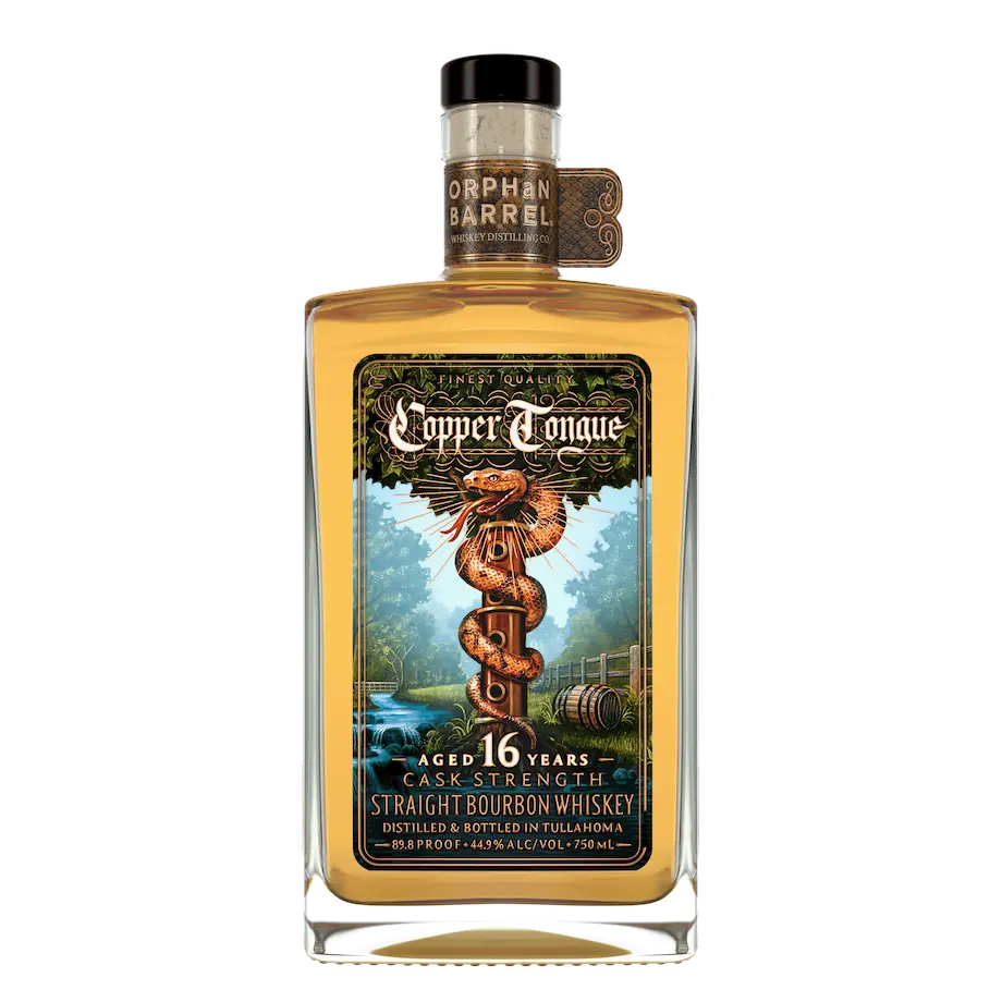 A bottle of Orphan Barrel Copper Tongue 16-Year-Old Cask Strength Straight Bourbon Whiskey.