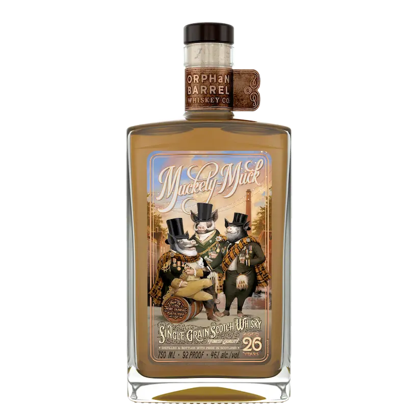 A bottle of Orphan Barrel Muckety-Muck 26-Year-Old Single Grain Scotch Whisky.