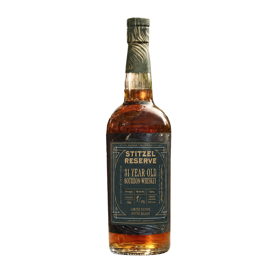 A bottle of Stitzel Reserve Kentucky Straight Bourbon Whiskey aged 31 years. The bottle contains amber liquid and features a dark label with gold and white lettering.