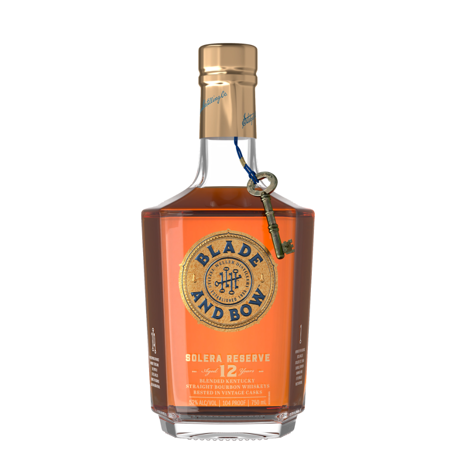 A bottle of Blade and Bow 12-Year Solera Reserve Kentucky Straight Bourbon Whiskey. The bottle has a sleek, faceted design with amber liquid visible inside.