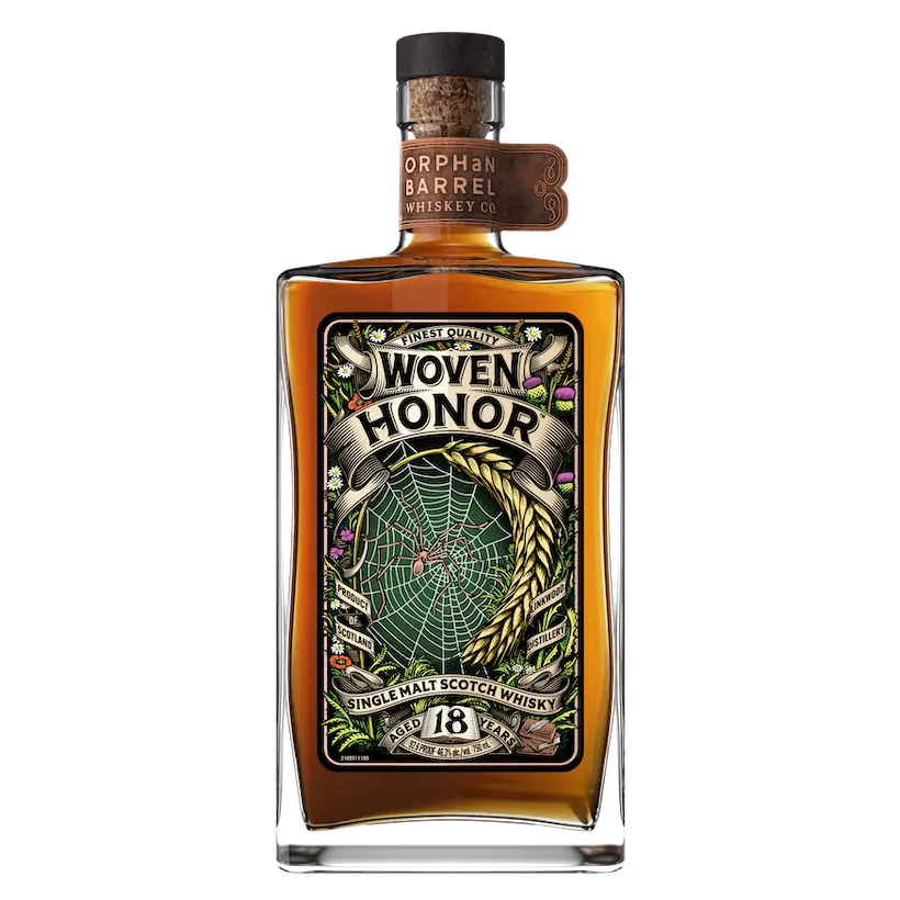 A bottle of Orphan Barrel Woven Honor 18-Year-Old Single Malt Scotch Whisky.