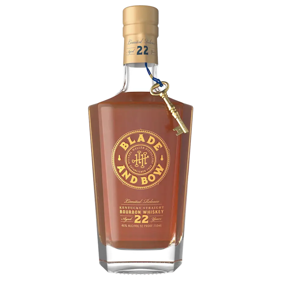 A bottle of Blade and Bow 22-Year-Old Kentucky Straight Bourbon Whiskey. The bottle has a sleek, faceted design with amber liquid visible inside.