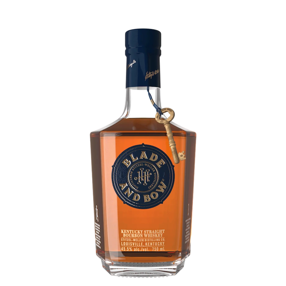 Blade and Bow Kentucky Straight Bourbon Whiskey bottle with blue label and key charm, featuring Stitzel-Weller Distilling Co. details.