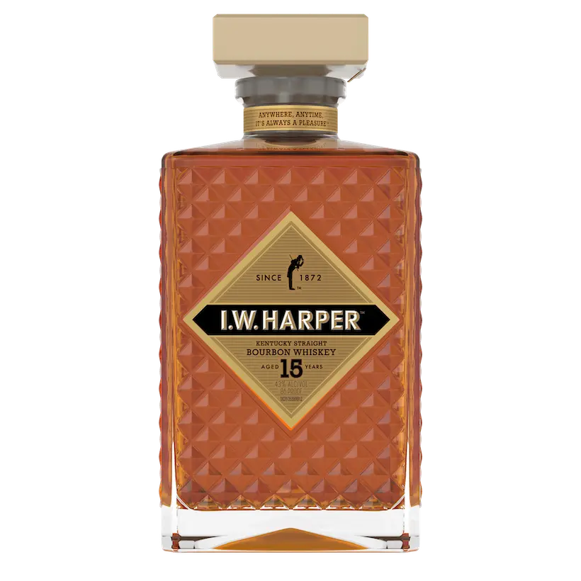A bottle of I.W. Harper Kentucky Straight Bourbon Whiskey aged 15 years. The bottle features a textured, diamond-patterned glass design with amber liquid inside.