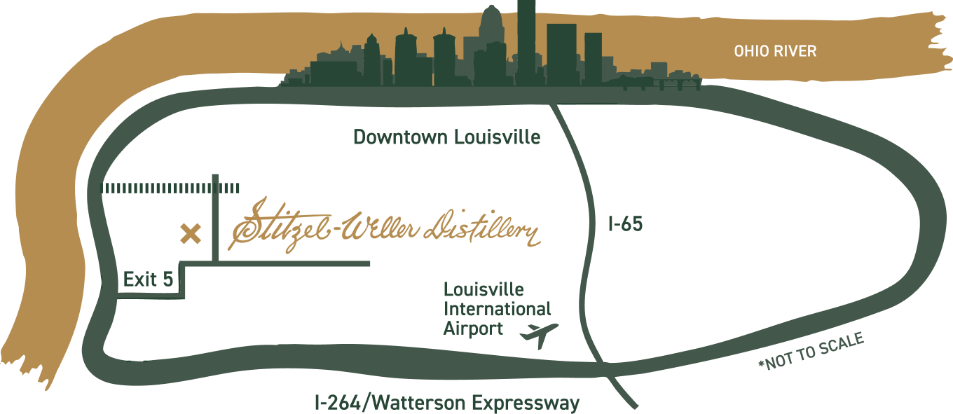 A stylized map illustrating the location of Stitzel-Weller Distillery near Downtown Louisville. The map shows major roads including I-65 and I-264/Watterson Expressway, with an exit marked as Exit 5 leading to the distillery.