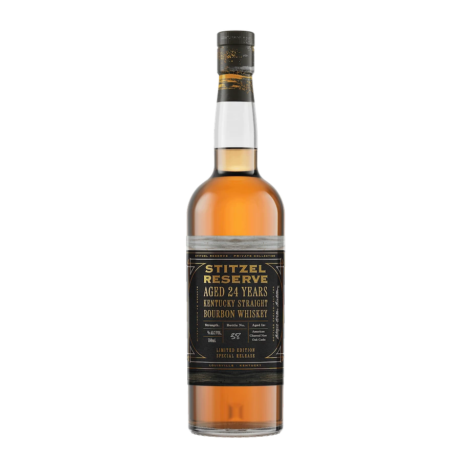 A bottle of Stitzel Reserve Kentucky Straight Bourbon Whiskey aged 24 years. The bottle contains amber liquid and features a dark label with gold and white lettering.