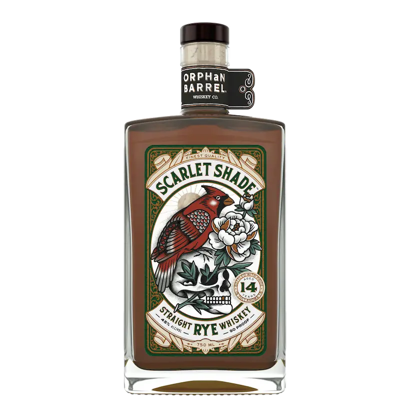 A bottle of Orphan Barrel Scarlet Shade 14-Year-Old Straight Rye Whiskey.