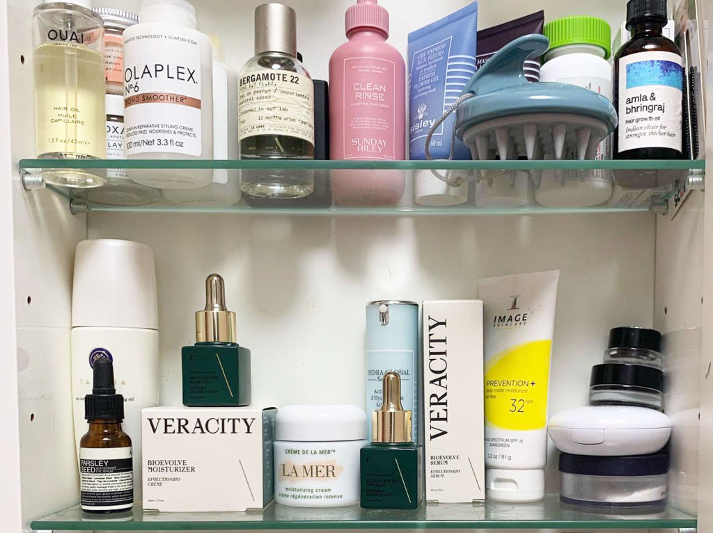 Beauty products in medicine cabinet