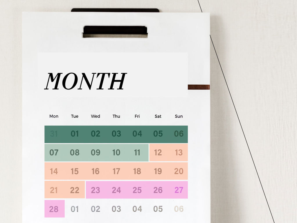 Calendar with days in different colors