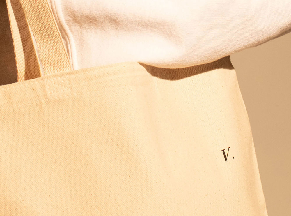 Detail of natural canvas tote with Veracity V. 