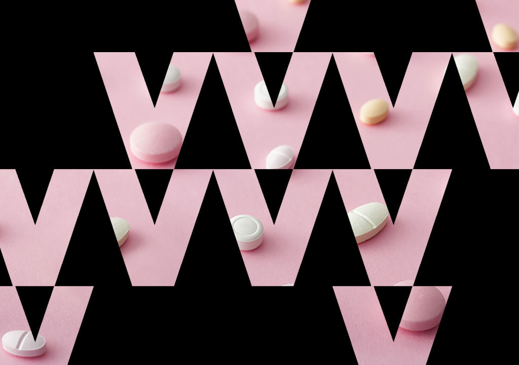 Birth Control Pills on a pink background with black graphic overlay