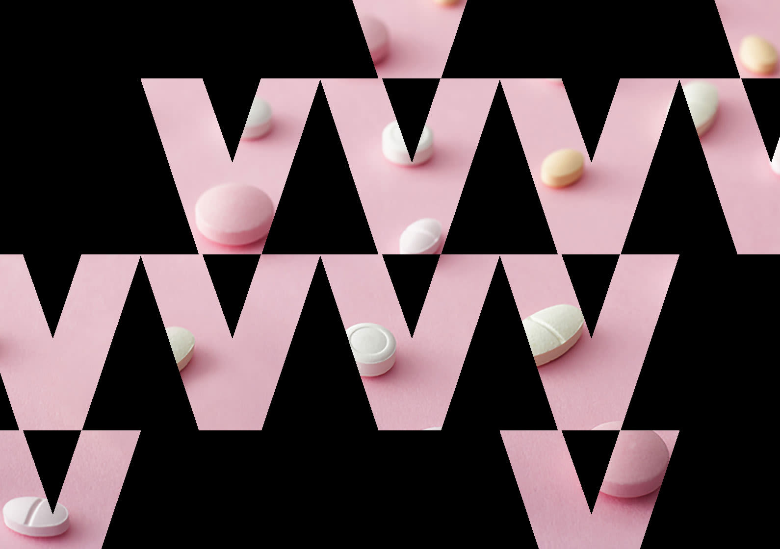 Birth control pills on a pink background with Veracity V pattern overlaid