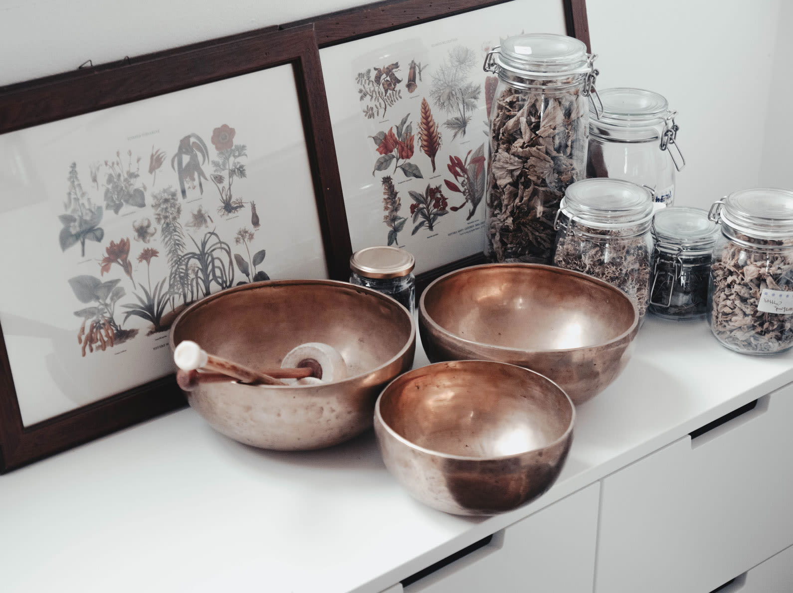 Copper bowls on shelf with herbs in glass jars and picture frames with botanical pictures.