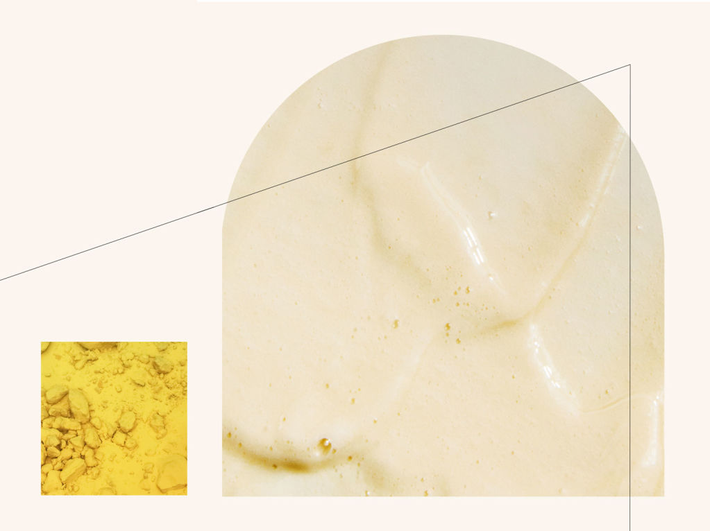 Light yellow sulfur colored foaming cleanser texture, and powdered sulfur.