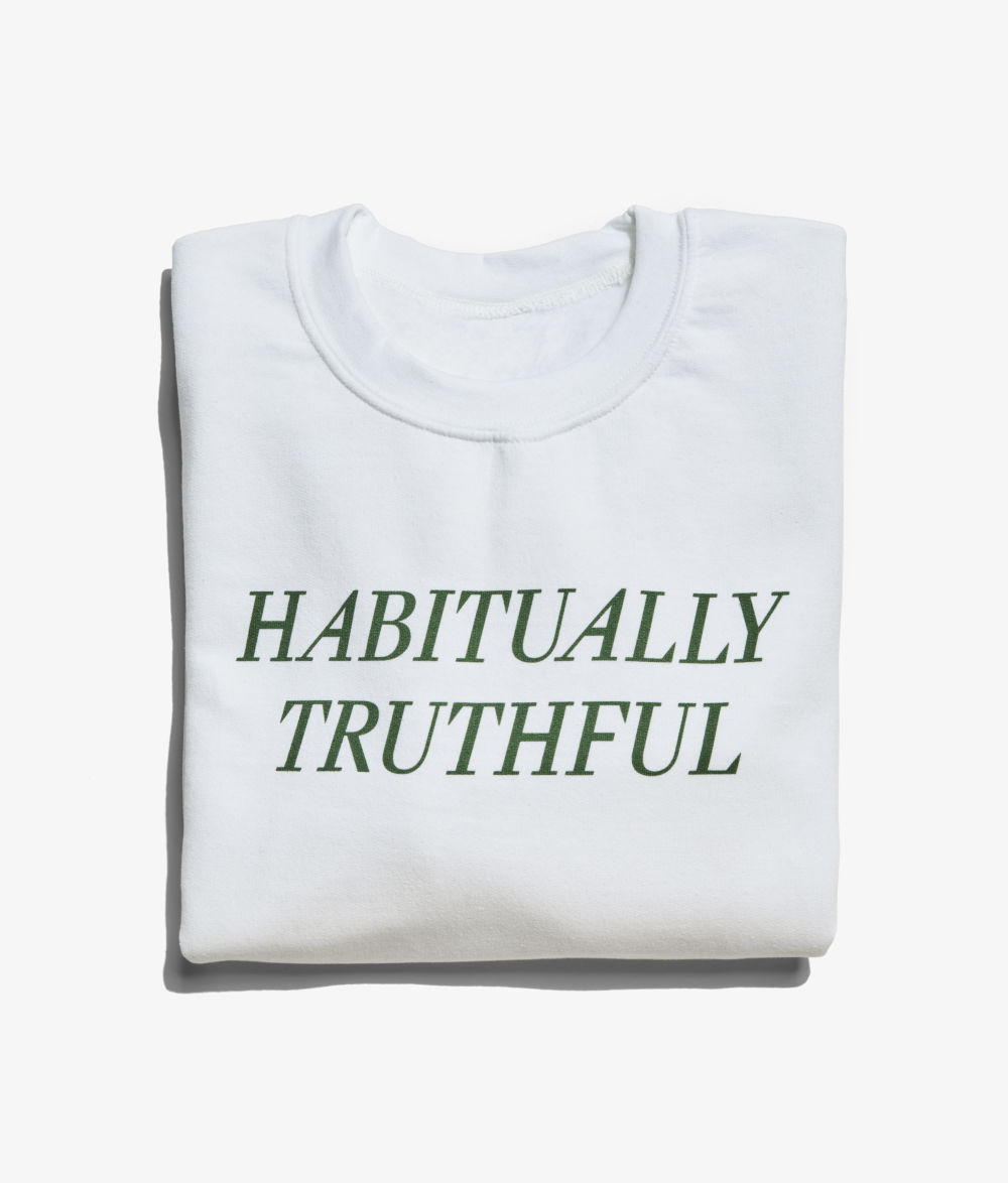 Folded image of the white Habitually Truthful pullover 