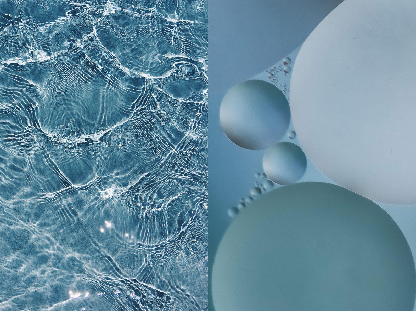 Split image of top view of ocean water on the left with close up of water droplets on the right. 