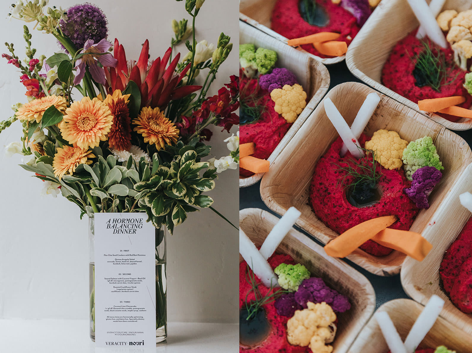 A dinner menu in front of colorful flowers and hormone balancing dishes.