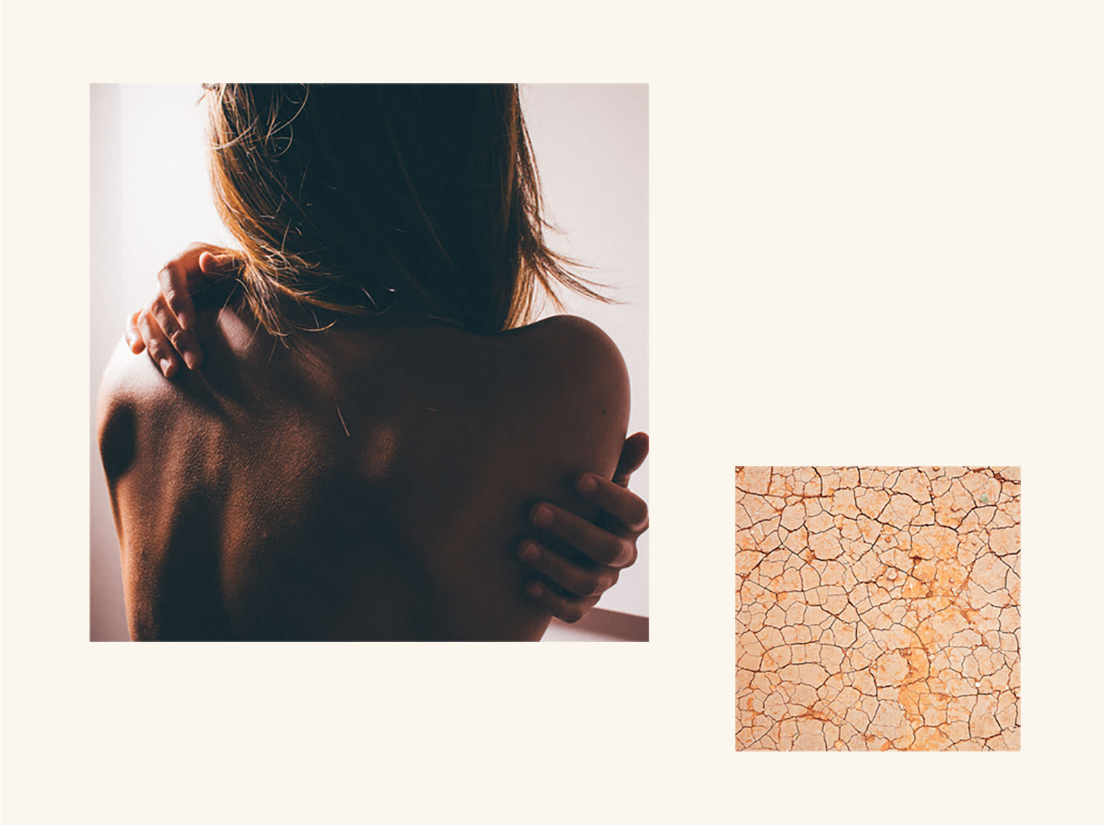 Woman's back showing her skin next to cracked desert sand.