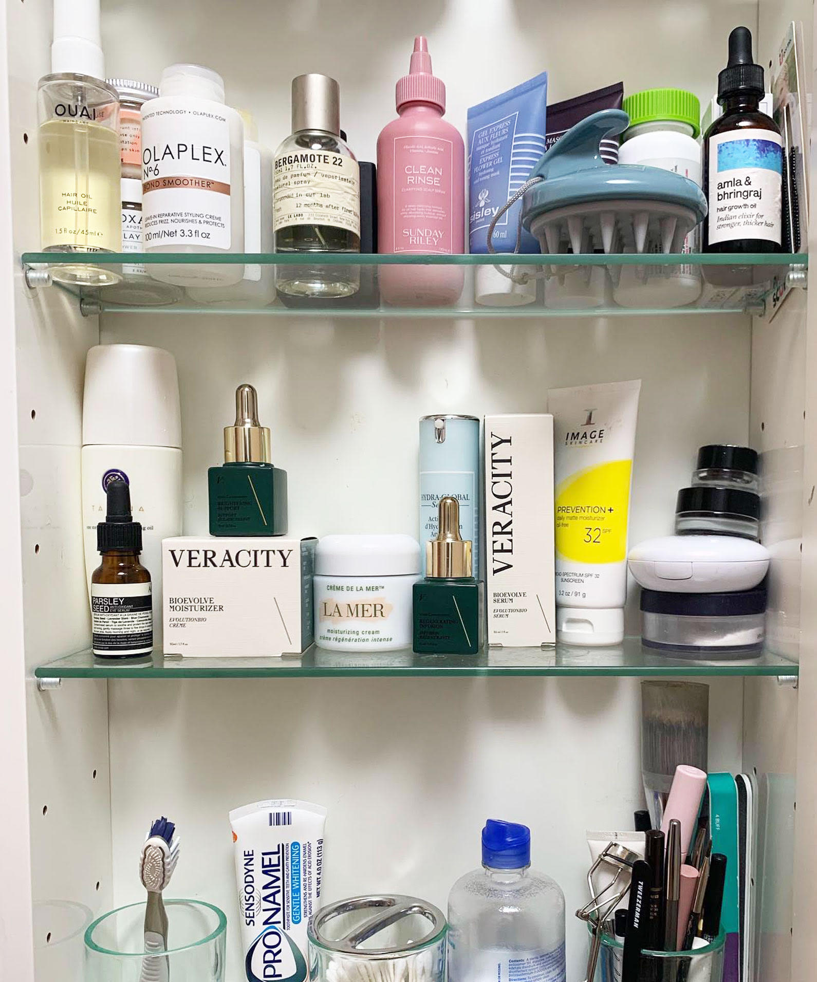 Beauty products in medicine cabinet