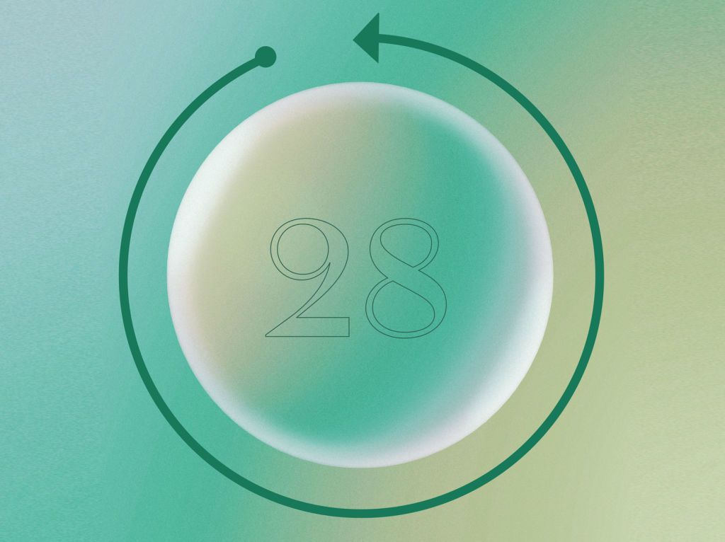 Circle with gradient colors and green arrow with number 28