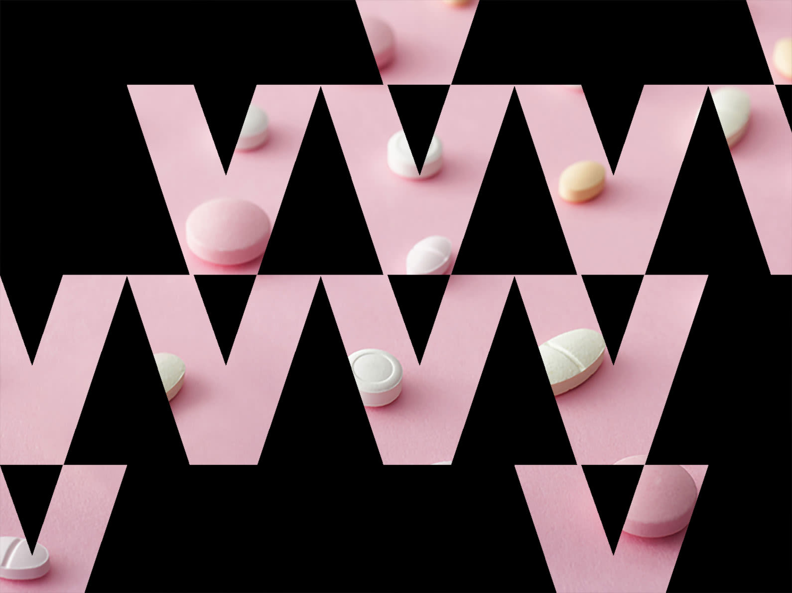 Pills on pink background with V pattern overlay