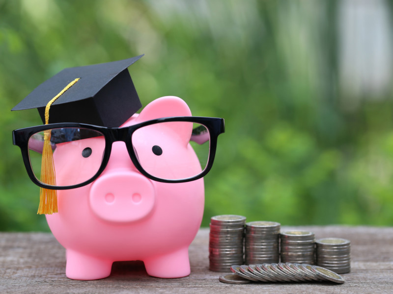 Pink piggy bank wearing a graduation mortar board and black glasses sitting next to 4 descending stacks of coins against a backdrop of trees.