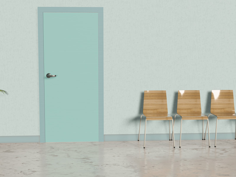 Waiting room of a dental office with chairs, door and plant