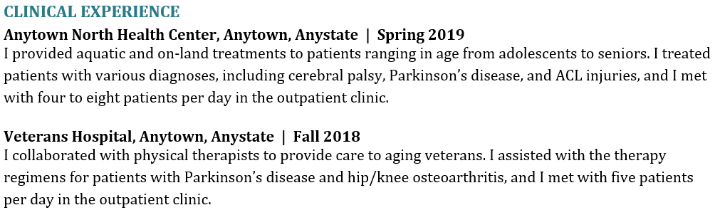 physical therapy resume example - how not to format the Clinical Experience section - information isn't bulleted