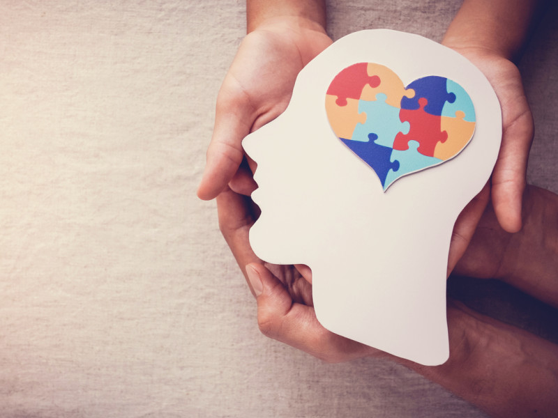Two pairs of hands holding a white cardstock cutout of a human head with a colorful heart-shaped jigsaw puzzle in the brain.