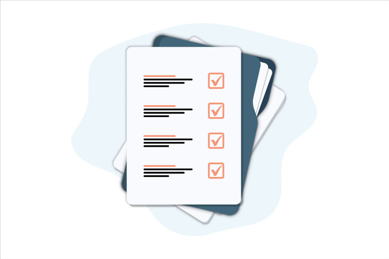 Stylized graphic of a checklist in black and pink ink sitting on a blue manilla folder.