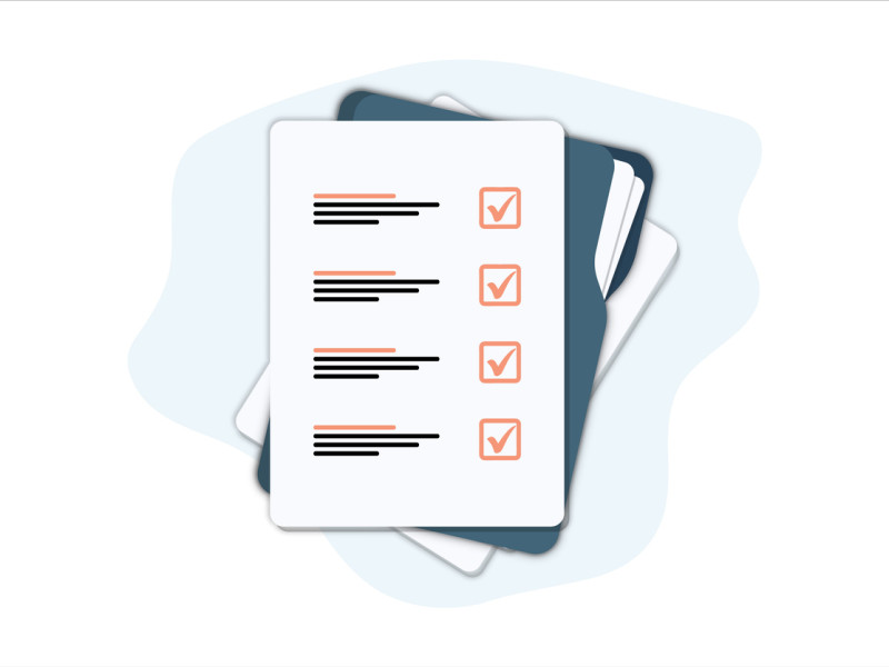 Stylized graphic of a checklist in black and pink ink sitting on a blue manilla folder.