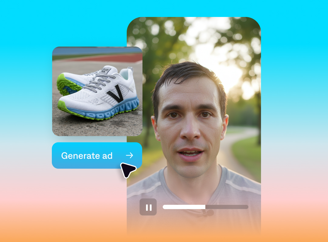Image showing a creator speaking on camera in a park setting with a running shoe product card overlay and a “Generate ad” button on a gradient background.