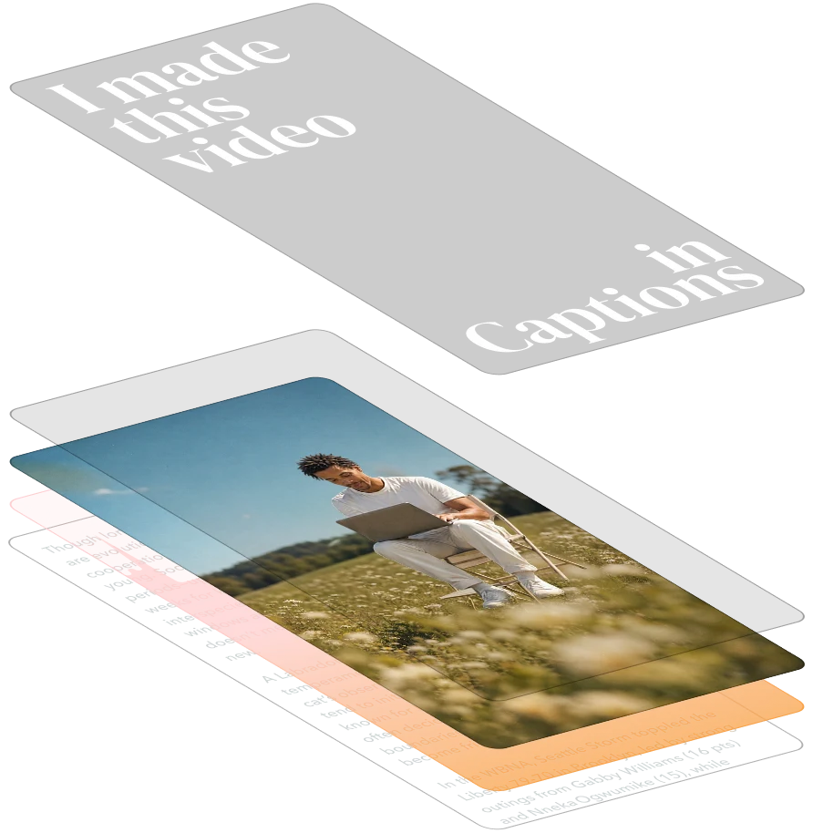 Tilted stack of editable video layers: a captions card, the video frame, and audio and script layers