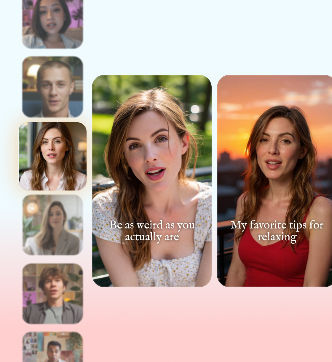 Two different avatars of the same person in different clothing and backgrounds sitting side by side. A reel of other avatar options sits vertically to the left.