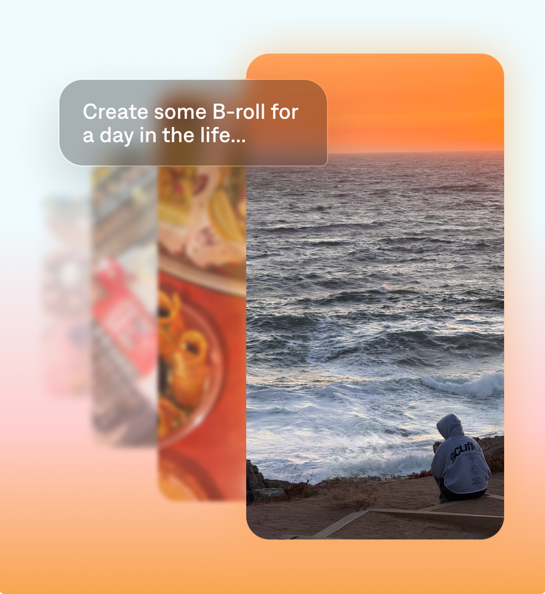 Stacked options of different B-roll showing, on the top an image of a beach at sunset. There is overlaying text that reads "Create some B-roll for a day in the life..."