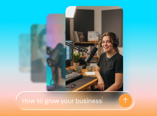 AI video tool generating a business growth tutorial with a creator recording in a professional studio.