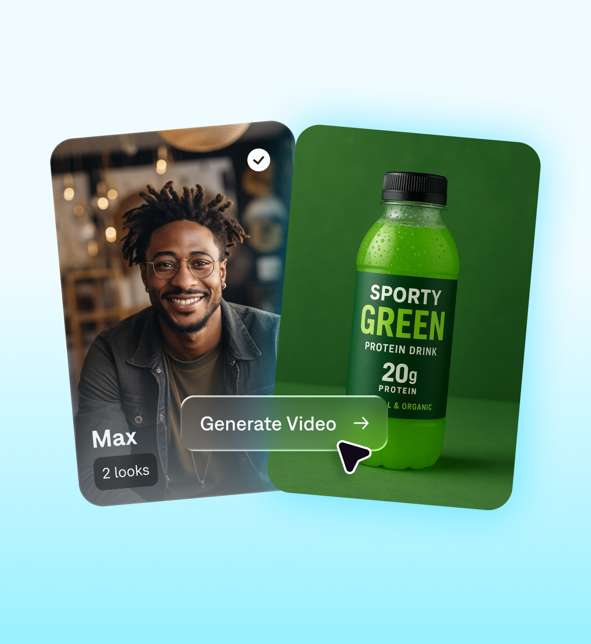 “AI ad generator interface showing a creator named Max and a green protein drink bottle labeled ‘Sporty Green Protein Drink 20g Protein.’ The screen includes a ‘Generate Ads’ button, representing automated AI ad creation using personalized video avatars and product images.”
