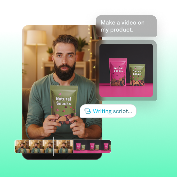 AI product video generator creating a promo for Natural Snacks, showing a creator presenting the packaging while the tool writes the script.