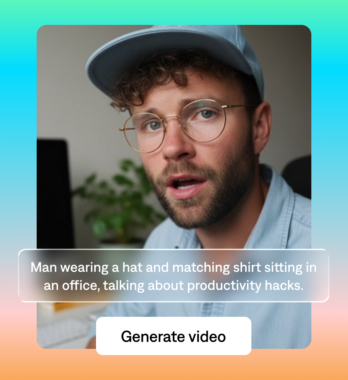 Man wearing glasses and blue cap in office with text overlay about productivity hacks and generate video button below.