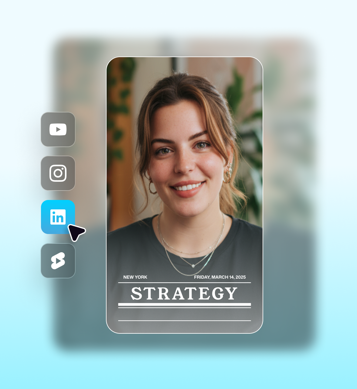 AI video tool creating a LinkedIn strategy video featuring a woman speaking on camera with social platform icons on the side.