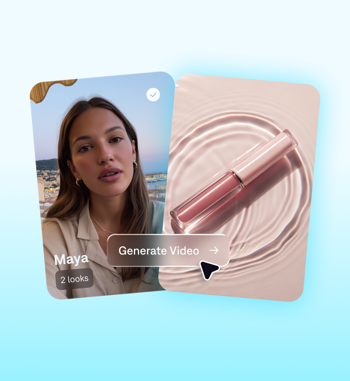 AI video generator showing an AI actor names Maya next to a pink lip gloss product with a Generate Video button.