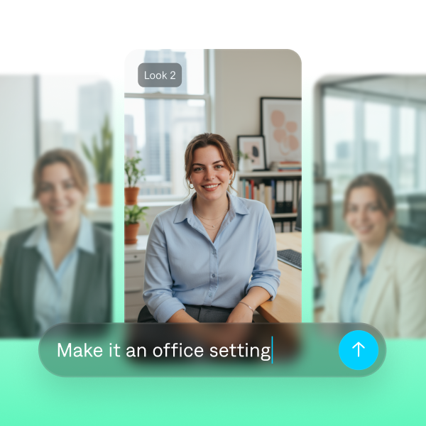 AI video generator creating a professional office setting with a woman speaking on camera in Look 2.