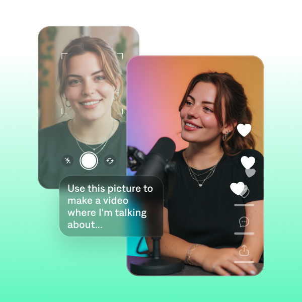 AI tool turning a photo into a selfie into a talking video, showing a woman on camera with social engagement icons.