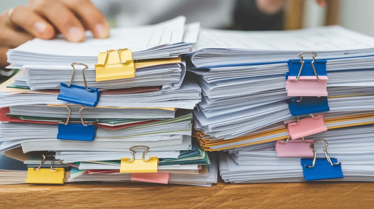 A stack of neatly arranged papers, each held together by colorful paper clips. The papers are piled high on a wooden surface, with a person's hand visible on the the top