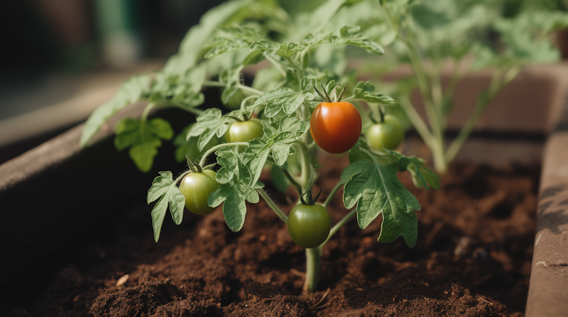 a tomato plant inside a planter